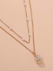 Nooxian 1只流行時尚不鏽鋼假珍珠裝飾立方氧化鋯水滴吊墜分層項鍊,適合女性日常裝飾 - 金黃色 - 查看 4