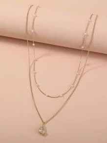 Nooxian 1只流行時尚不鏽鋼假珍珠裝飾立方氧化鋯水滴吊墜分層項鍊,適合女性日常裝飾 - 金黃色 - 查看 3