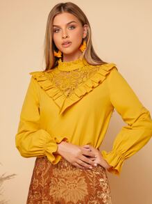 褶邊水溶蕾絲拼接上衣