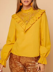 褶邊水溶蕾絲拼接上衣