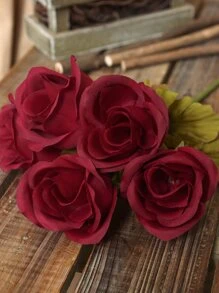 1 件人造 5 头玫瑰树装饰，适用于寄宿家庭、花园、家庭电视柜花瓶填充物、婚礼花束 DIY - 酒紅色 - 查看 7