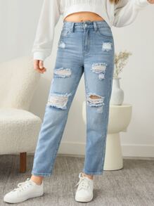 SHEIN Teen Girls Ripped Straight Leg Jeans - Light Wash - View 1