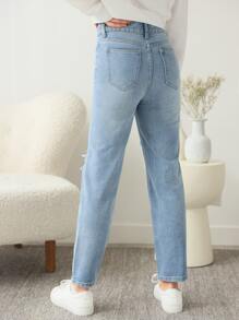 SHEIN Teen Girls Ripped Straight Leg Jeans - Light Wash - View 2
