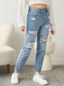 SHEIN Teen Girls Ripped Straight Leg Jeans - Light Wash - View 4