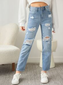 SHEIN Teen Girls Ripped Straight Leg Jeans - Light Wash - View 5
