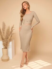 SHEIN Privé Crisscross Tie Back Jumper & Ribbed Knit Skirt - Apricot - View 1