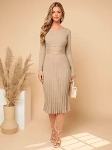 SHEIN Privé Crisscross Tie Back Jumper & Ribbed Knit Skirt - Apricot - View 5