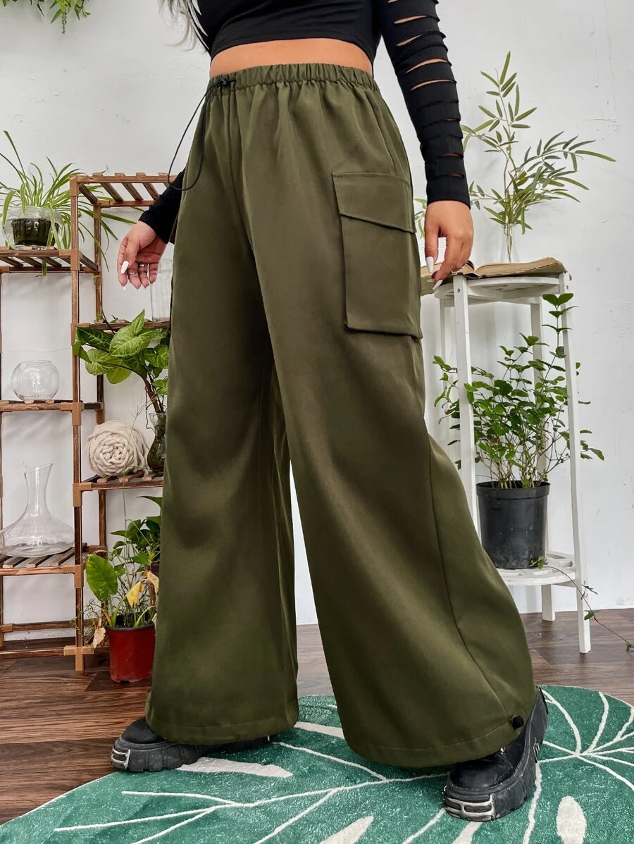 Flirla Plus Flap Pocket Side Cargo Trousers - Army Green - View 1