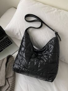 Quilted Detail Hobo Bag - Black - View 1