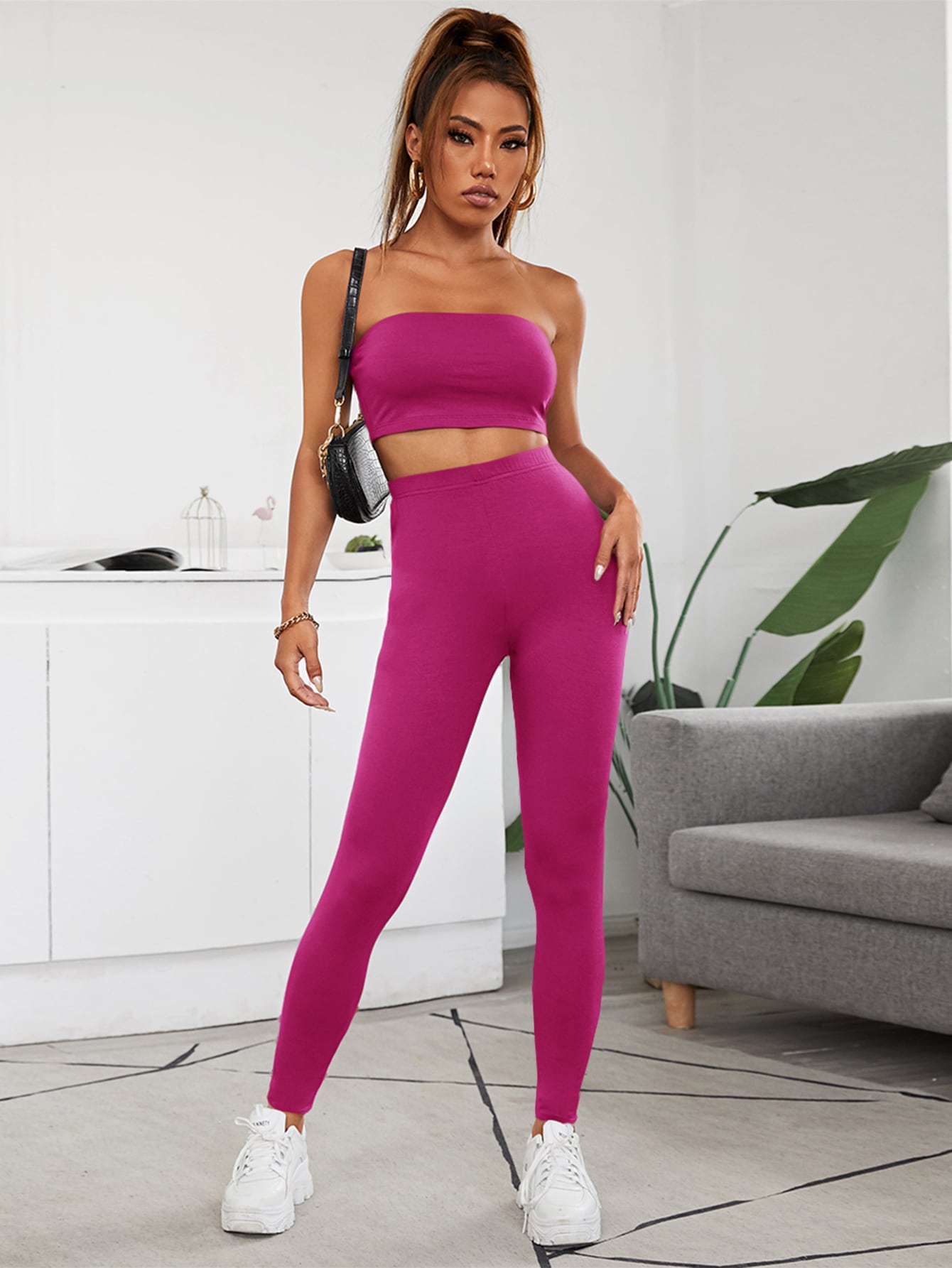 SHEIN BAE Solid Crop Tube Top & Leggings Set SHEIN USA