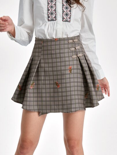 SHEIN X Lazy Hoya Plaid & Floral Print Pleated Skirt