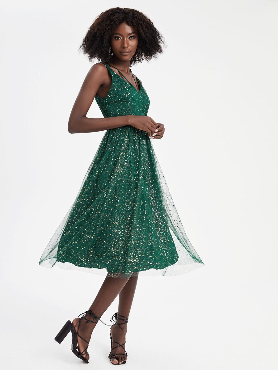 TSUN SHUIN Graphic Mesh Overlay Cami Dress - Dark Green - View 1