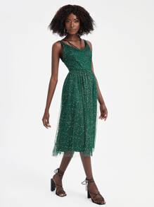 TSUN SHUIN Graphic Mesh Overlay Cami Dress - Dark Green - View 3