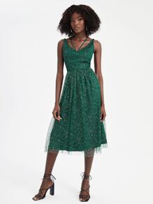 TSUN SHUIN Graphic Mesh Overlay Cami Dress - Dark Green - View 4