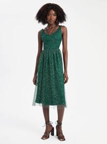 TSUN SHUIN Graphic Mesh Overlay Cami Dress - Dark Green - View 5