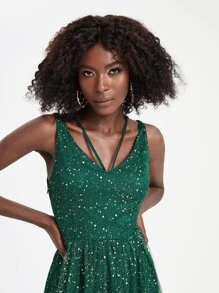 TSUN SHUIN Graphic Mesh Overlay Cami Dress - Dark Green - View 6