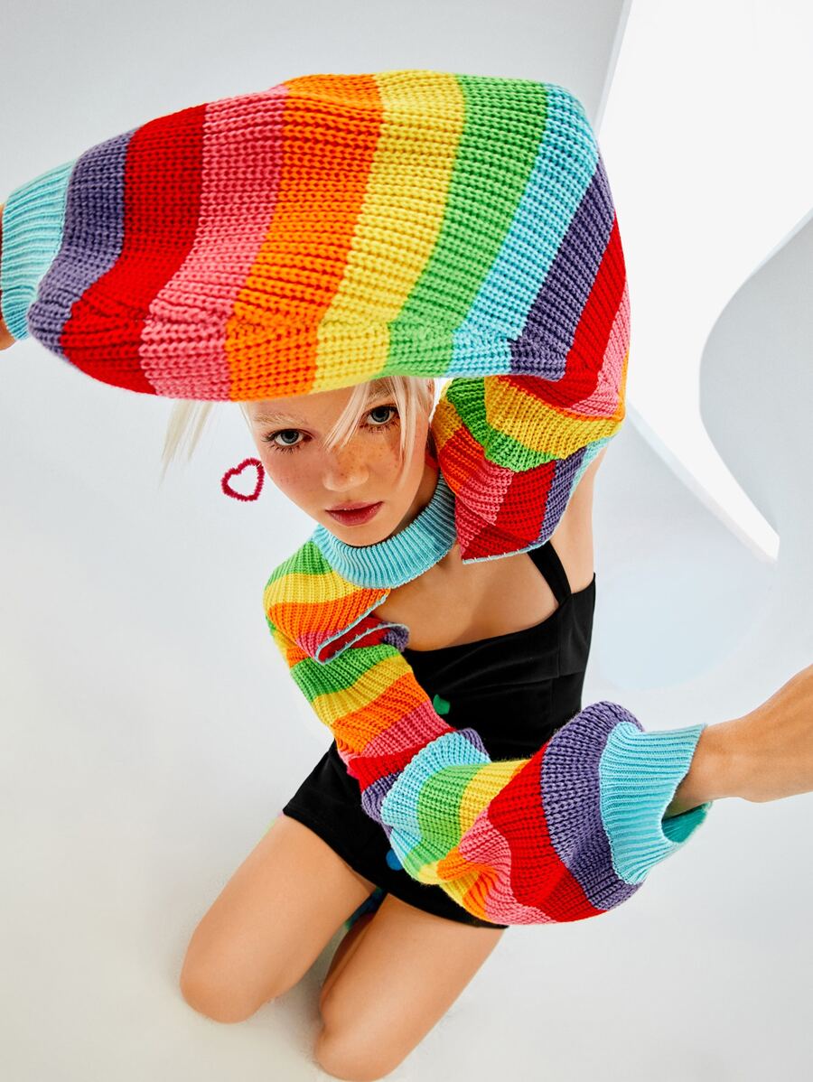 SHEIN ICON 秋冬彩虹条纹灯笼袖耸肩毛衣 - 彩色 - 查看 1