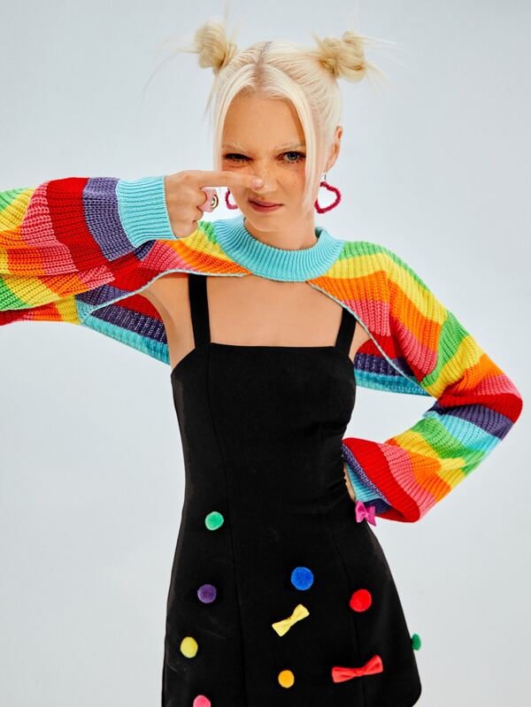 SHEIN ICON Rainbow Striped Pattern Lantern Sleeve Shrug Sweater SHEIN USA