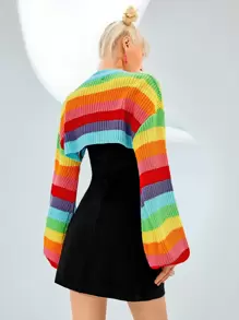 SHEIN ICON 秋冬彩虹条纹灯笼袖耸肩毛衣 - 彩色 - 查看 3