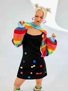 SHEIN ICON 秋冬彩虹条纹灯笼袖耸肩毛衣 - 彩色 - 查看 6