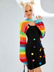 SHEIN ICON 秋冬彩虹条纹灯笼袖耸肩毛衣 - 彩色 - 查看 10