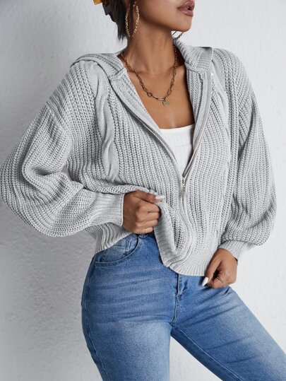 RueChic Drop Shoulder Zip Up Hooded Cardigan,Long Sleeve Tops In Fall/Winter