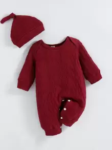 Newborn Baby Solid Textured Jumpsuit & hat - Burgundy - View 1