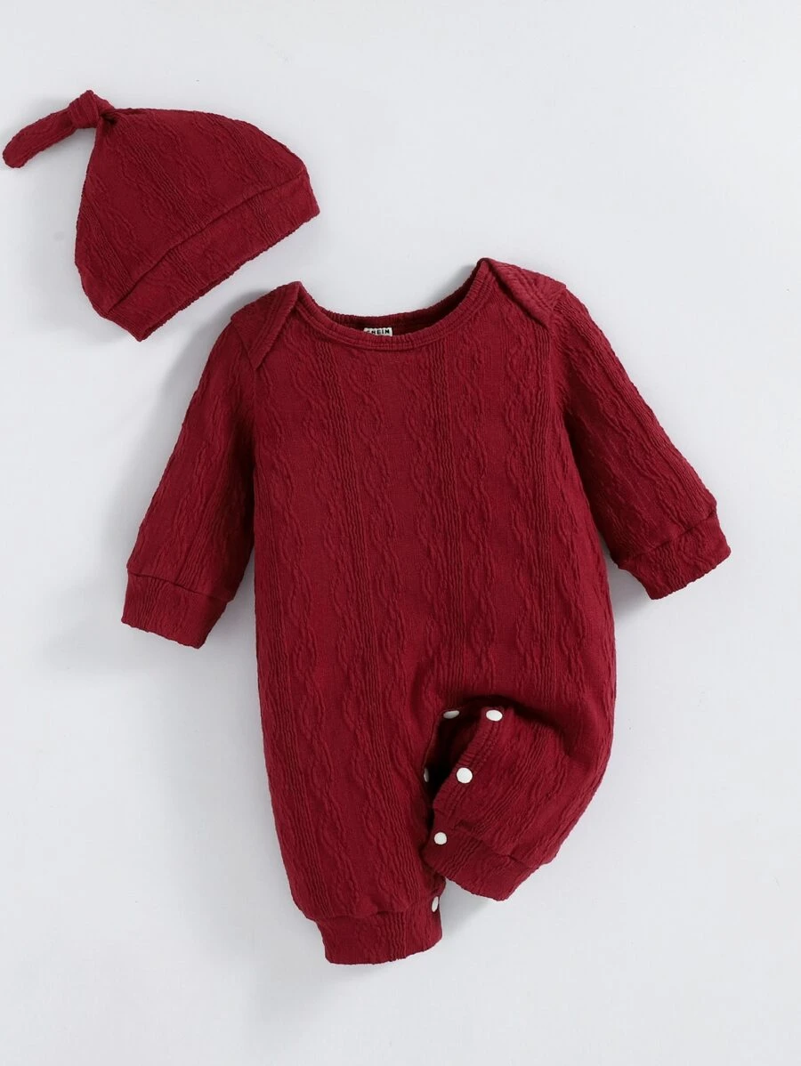 Newborn Baby Solid Textured Jumpsuit & hat - Burgundy - View 1