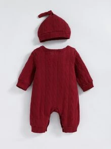 Newborn Baby Solid Textured Jumpsuit & hat - Burgundy - View 2