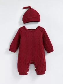 Newborn Baby Solid Textured Jumpsuit & hat - Burgundy - View 3