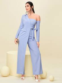 Modelyn Asymmetrical Neck Knot Side Jumpsuit - Baby Blue - View 1