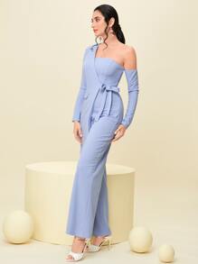 Modelyn Asymmetrical Neck Knot Side Jumpsuit - Baby Blue - View 4