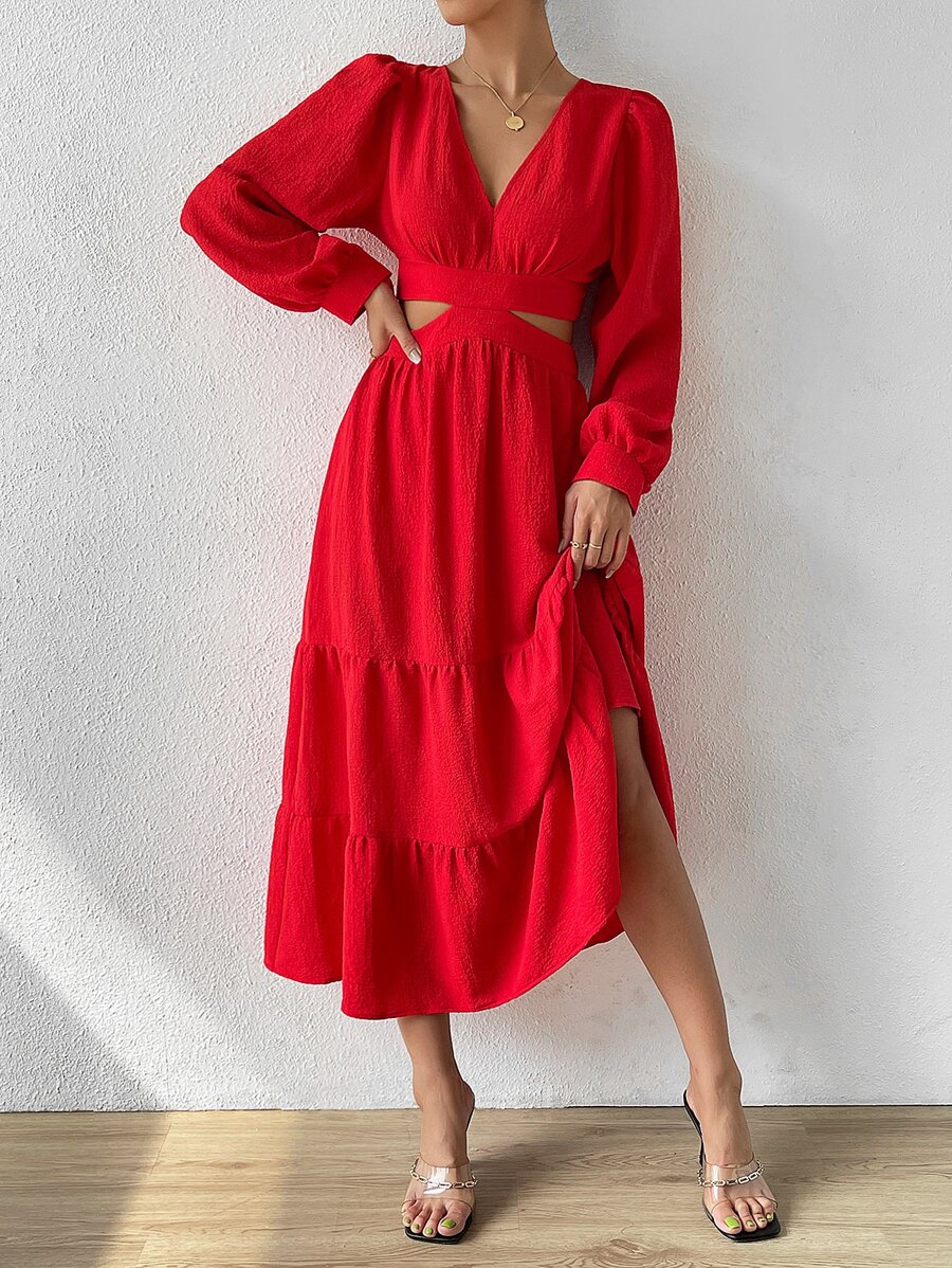 SHEIN VCAY Cut Out Waist Lantern Sleeve Ruffle Hem Dress - Red - View 1