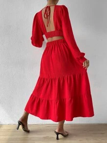 SHEIN VCAY Cut Out Waist Lantern Sleeve Ruffle Hem Dress - Red - View 2