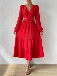 SHEIN VCAY Cut Out Waist Lantern Sleeve Ruffle Hem Dress - Red - View 3
