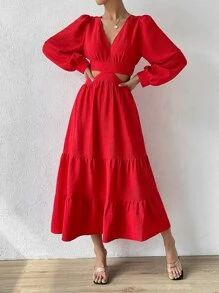 SHEIN VCAY Cut Out Waist Lantern Sleeve Ruffle Hem Dress - Red - View 4
