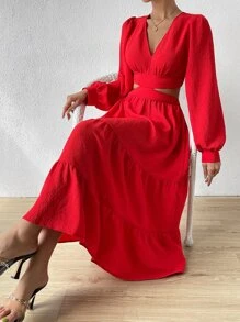 SHEIN VCAY Cut Out Waist Lantern Sleeve Ruffle Hem Dress - Red - View 5