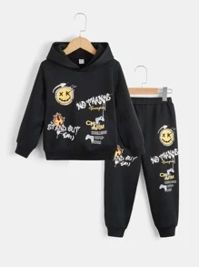 SHEIN Young Boy Smile Face & Letter Print Thickened Hoodie Sweatshirt And Sweatpants Casual Set, Autumn Winter