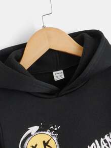 SHEIN Young Boy Smile Face & Letter Print Thickened Hoodie Sweatshirt And Sweatpants Casual Set, Autumn Winter