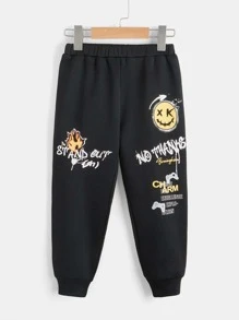 SHEIN Young Boy Smile Face & Letter Print Thickened Hoodie Sweatshirt And Sweatpants Casual Set, Autumn Winter