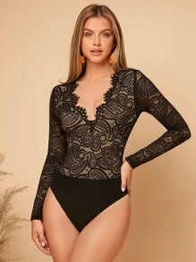 SHEIN Privé Lace Panel Scallop Trim Bodysuit - Black - View 3