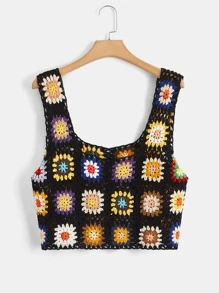 SHEIN Qutie Plus Floral Crochet Tank Knit Top - Multicolor - View 1