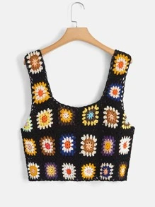 SHEIN Qutie Plus Floral Crochet Tank Knit Top - Multicolor - View 2