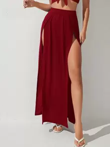 SHEIN PETITE Solid Split Thigh Skirt - Burgundy - View 1