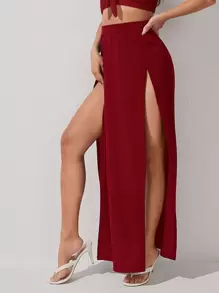 SHEIN PETITE Solid Split Thigh Skirt - Burgundy - View 3