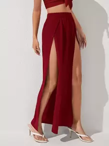 SHEIN PETITE Solid Split Thigh Skirt - Burgundy - View 4