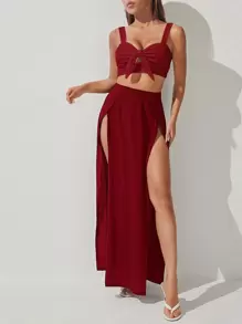 SHEIN PETITE Solid Split Thigh Skirt - Burgundy - View 5