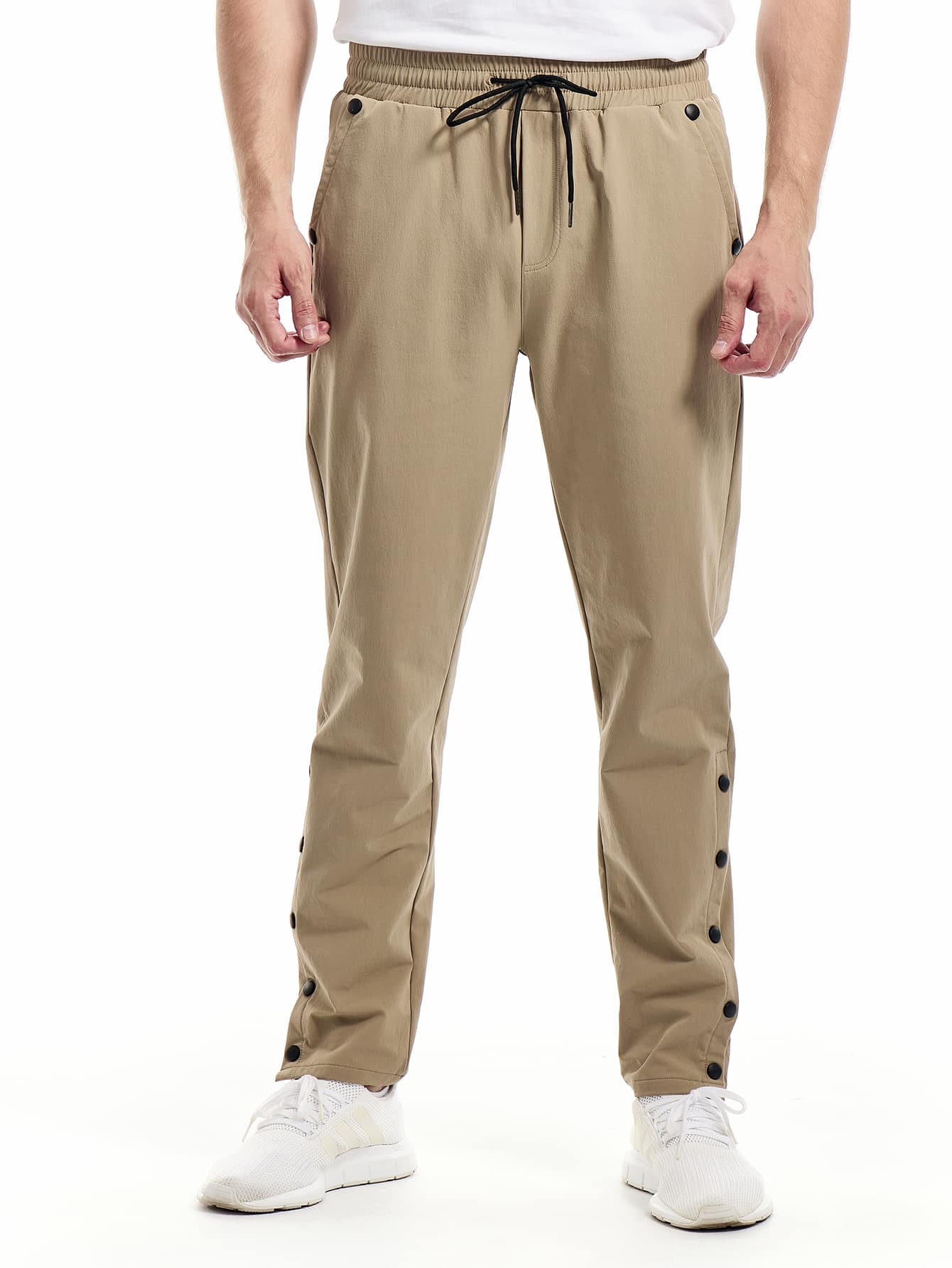 男士腰部抽繩鈕扣下擺運動褲 - 卡其色 - 查看 1