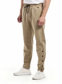 男士腰部抽繩鈕扣下擺運動褲 - 卡其色 - 查看 3