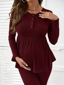 SHEIN Maternity Rib-Knit Long Sleeve Tee & Adjustable Waist Leggings Set - Maroon - View 2